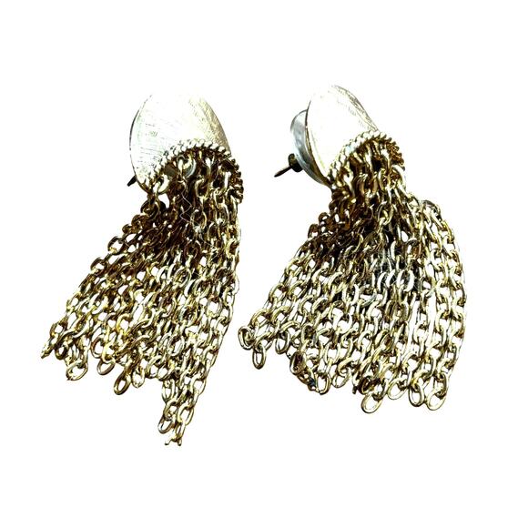 Vintage pierced earrings textured gold chain dangles unique dramatic dressy - Picture 4 of 5